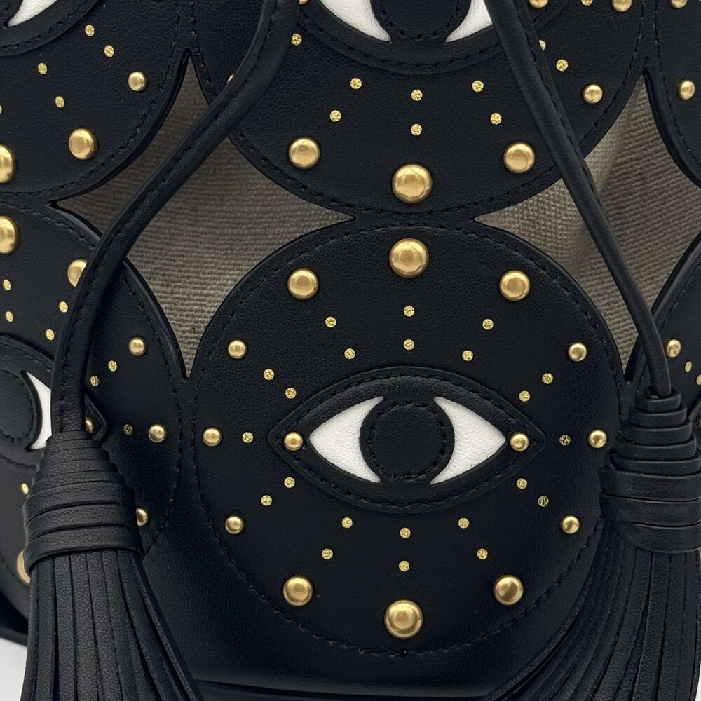 Rebecca Minkoff Evil Eye Bucket Bag Studded Leather Canvas Crossbody Black NEW - Picture 6 of 16